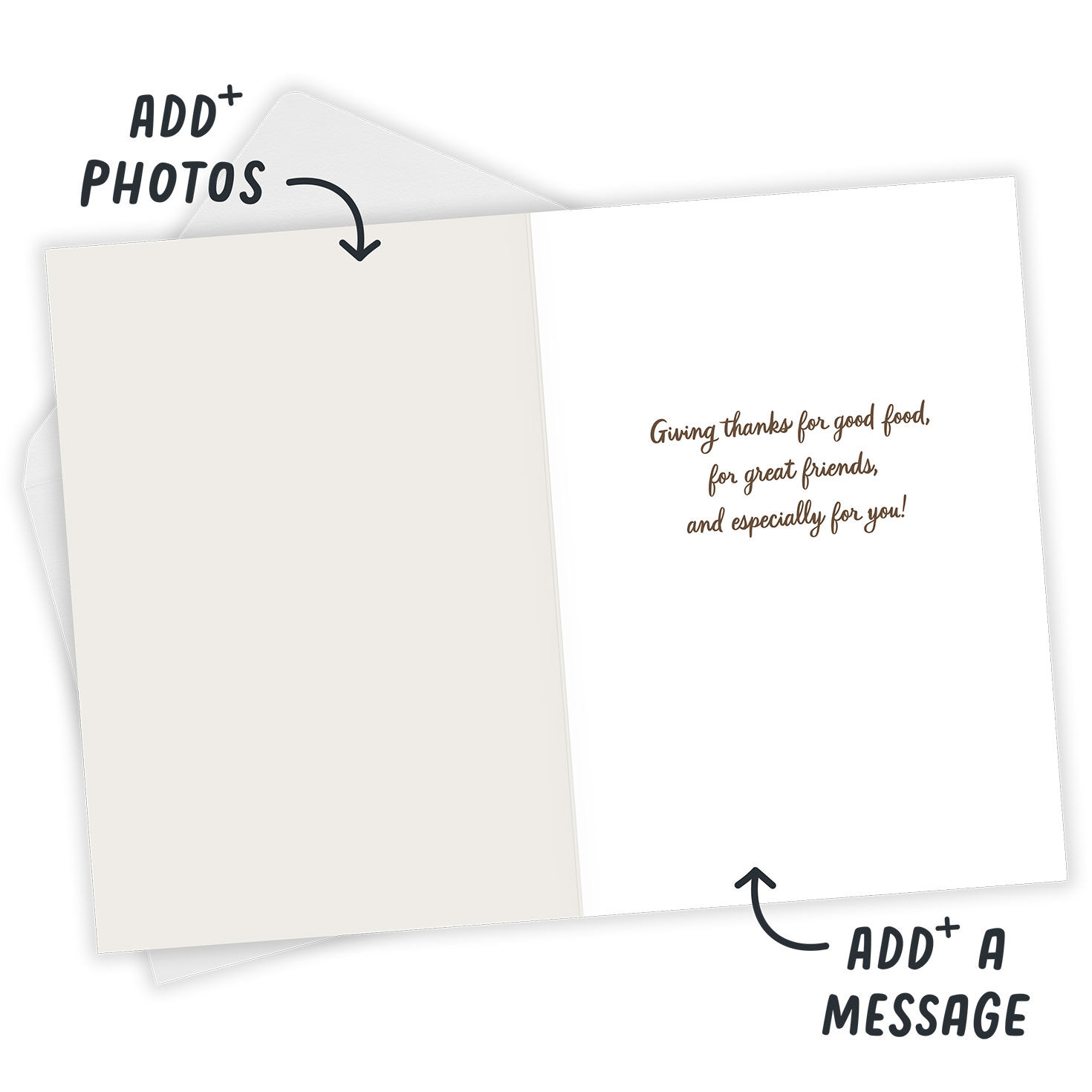 Faded White Frame Personalized Friendsgiving Card Open Card with Envelope indicating personalization image number 4