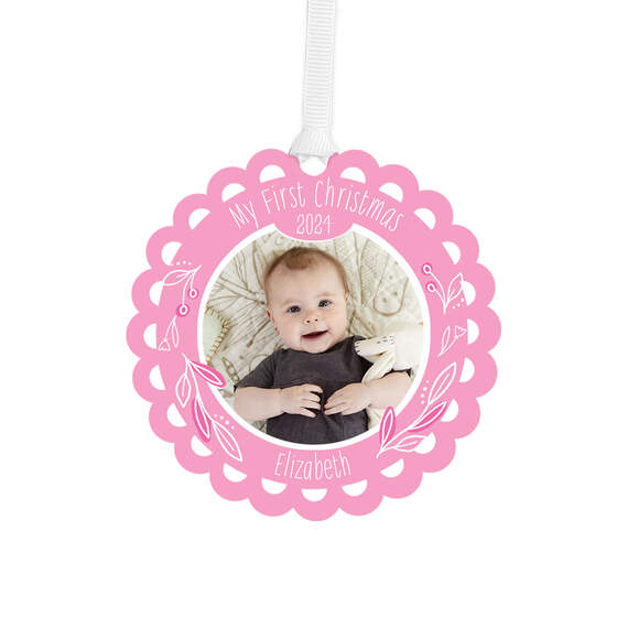Baby’s First Christmas Pink Scalloped Personalized Text and Photo Metal Ornament