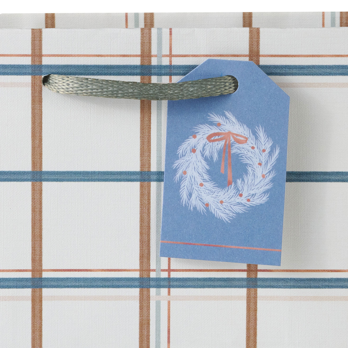 Rose Gold and Icy Blue Plaid Small Holiday Gift Bag upclose view image number 4