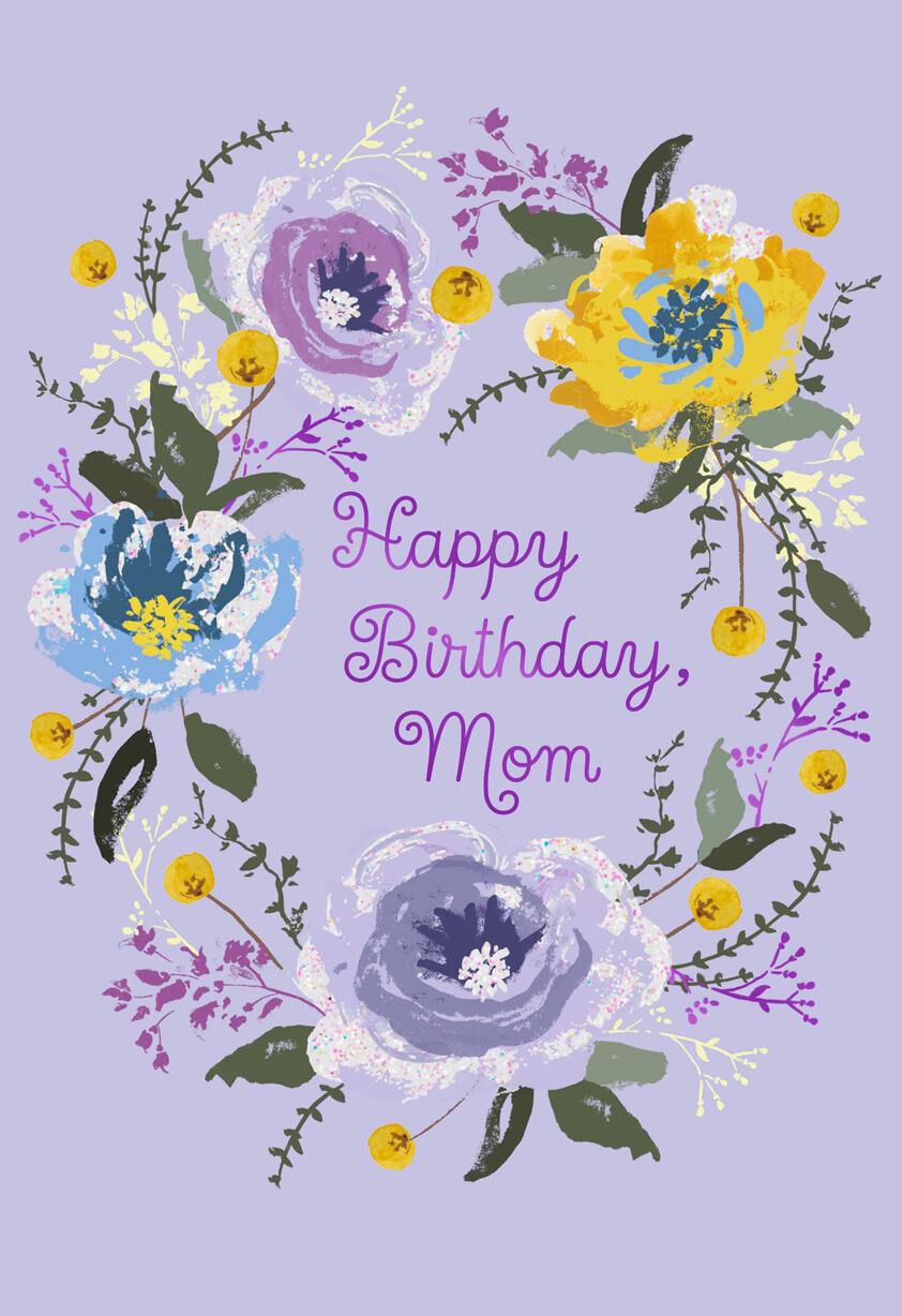 Flower Wreath on Lavender Birthday Card for Mom