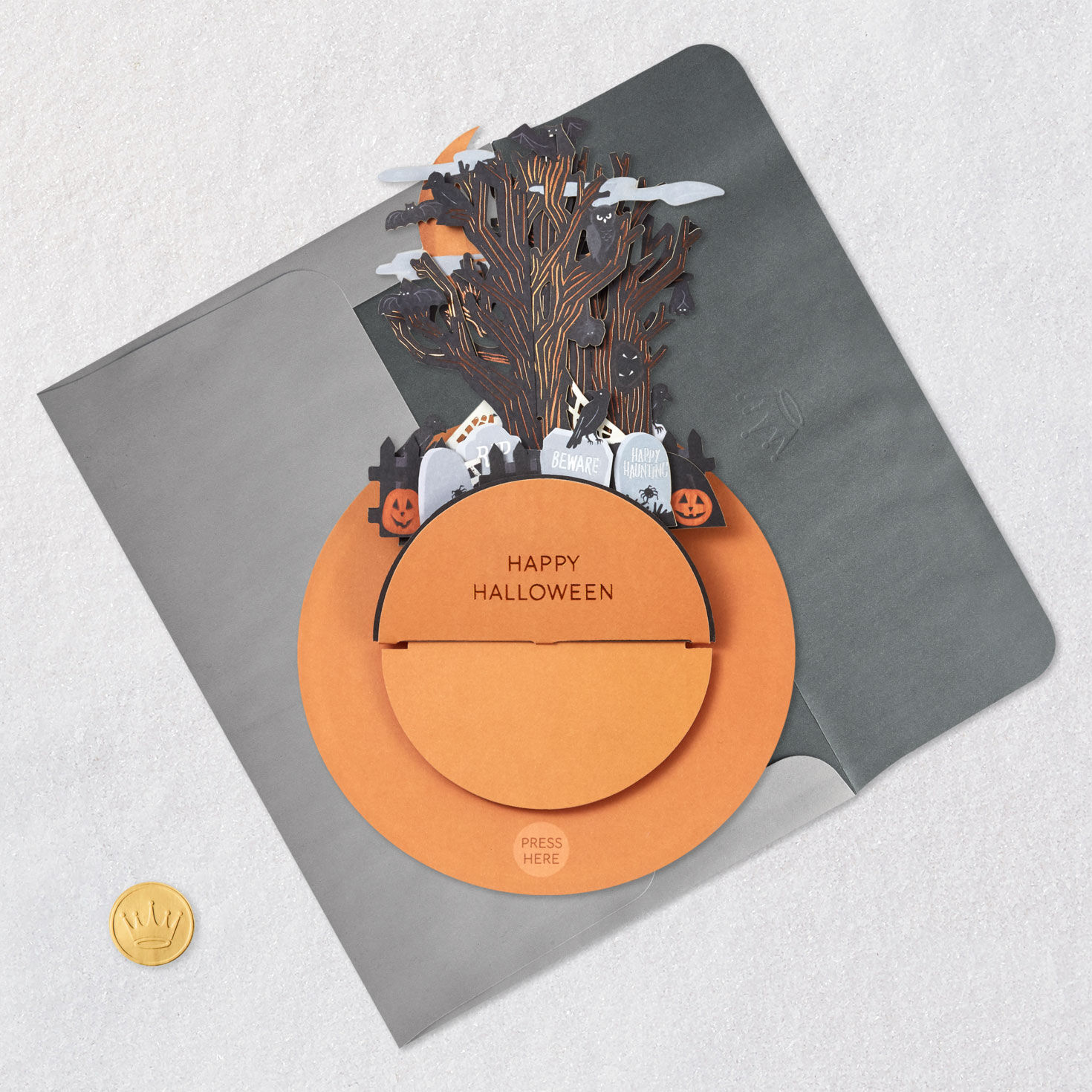 Spinning Graveyard Musical Halloween Pop-Up Card Card Front with Envelope and Gold Seal image number 9