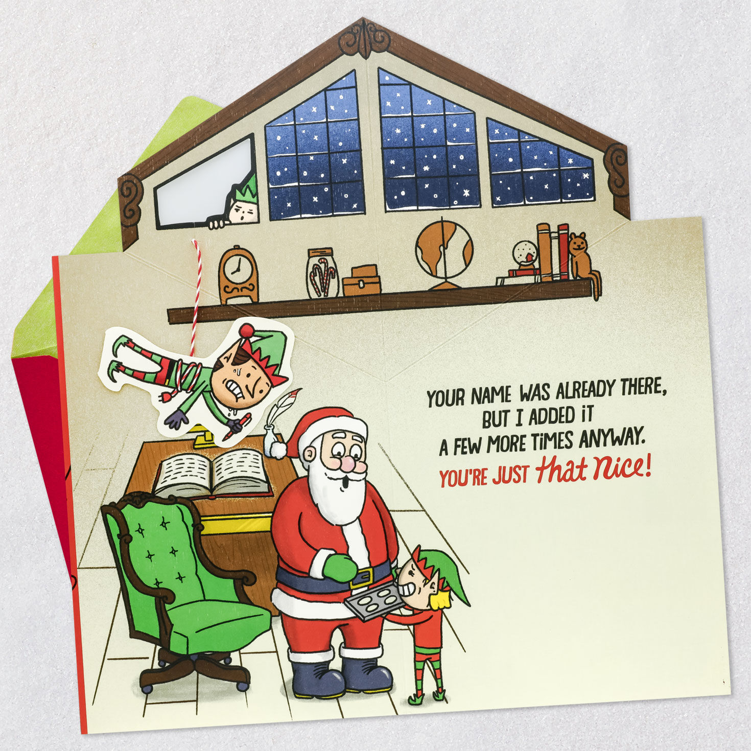 Funny Elf Nice List Pop Up Christmas Card Open card with envelope image number 2