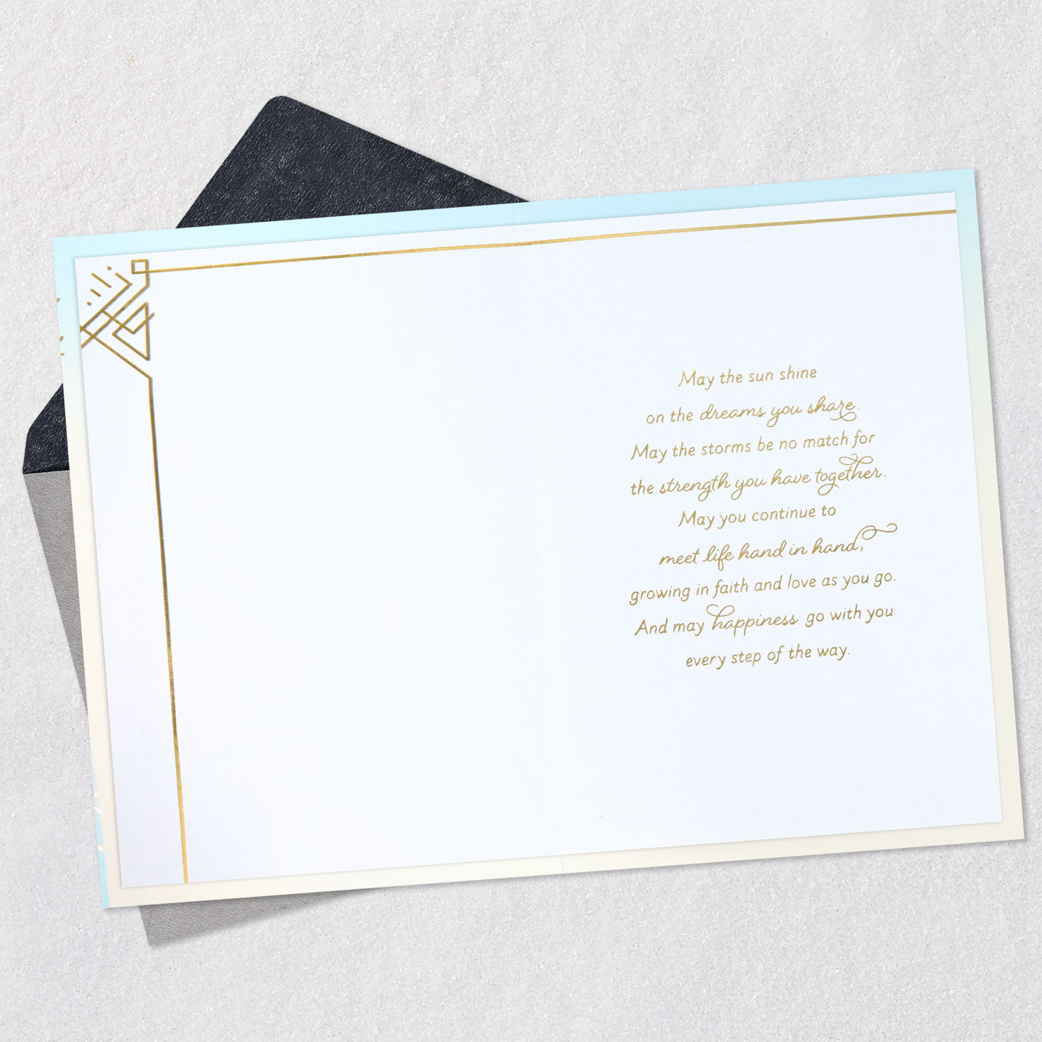 Light Blue and Gold Art Deco Blessing Anniversary Card Open card with envelope image number 3
