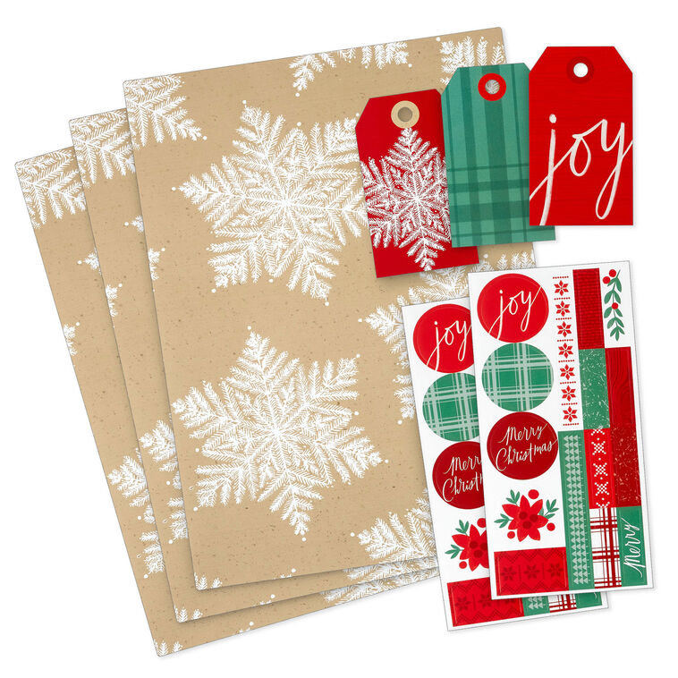 Snowflakes on Tan 3-Pack Holiday Flat Wrapping Paper Bundle