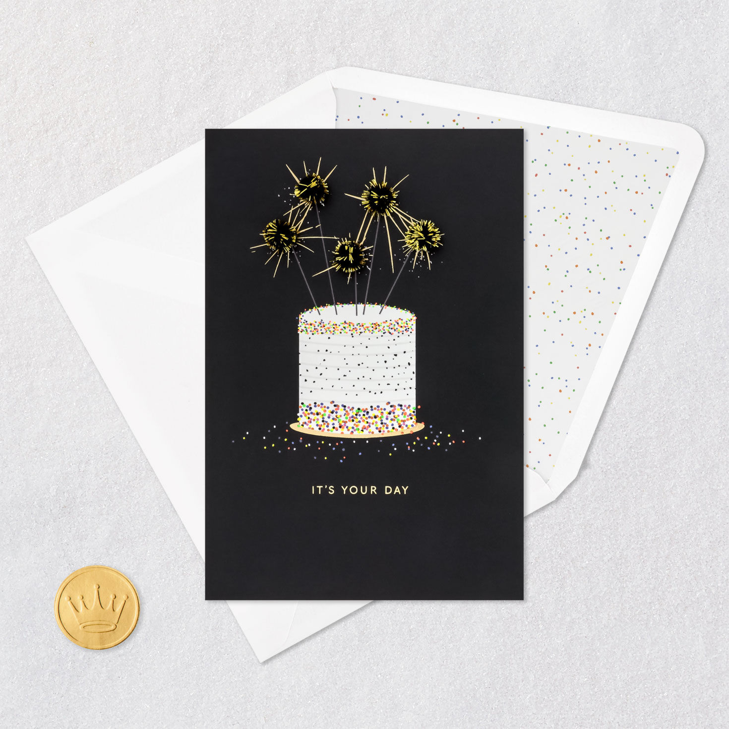 Gold Sparklers Cake on Black Birthday Card Card Front with Envelope and Gold Seal image number 5