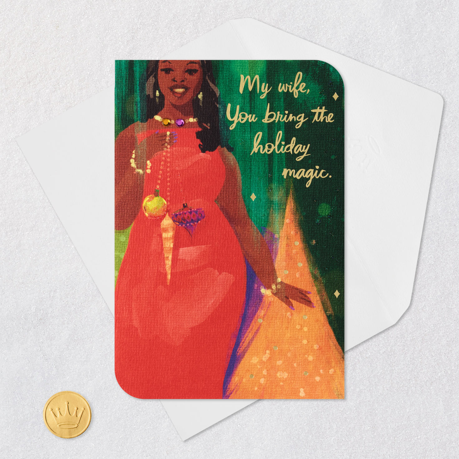 Elegant Black Woman Holding Ornaments Christmas Card for Wife Card Front with Envelope and Gold Seal image number 7