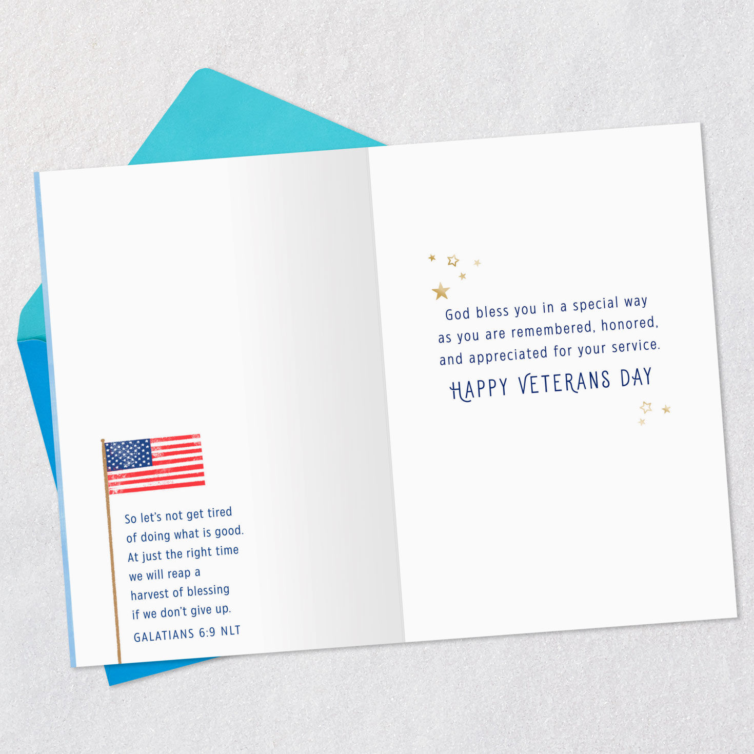 Patriotic Stars on Blue Religious Veterans Day Card Open card with envelope image number 4