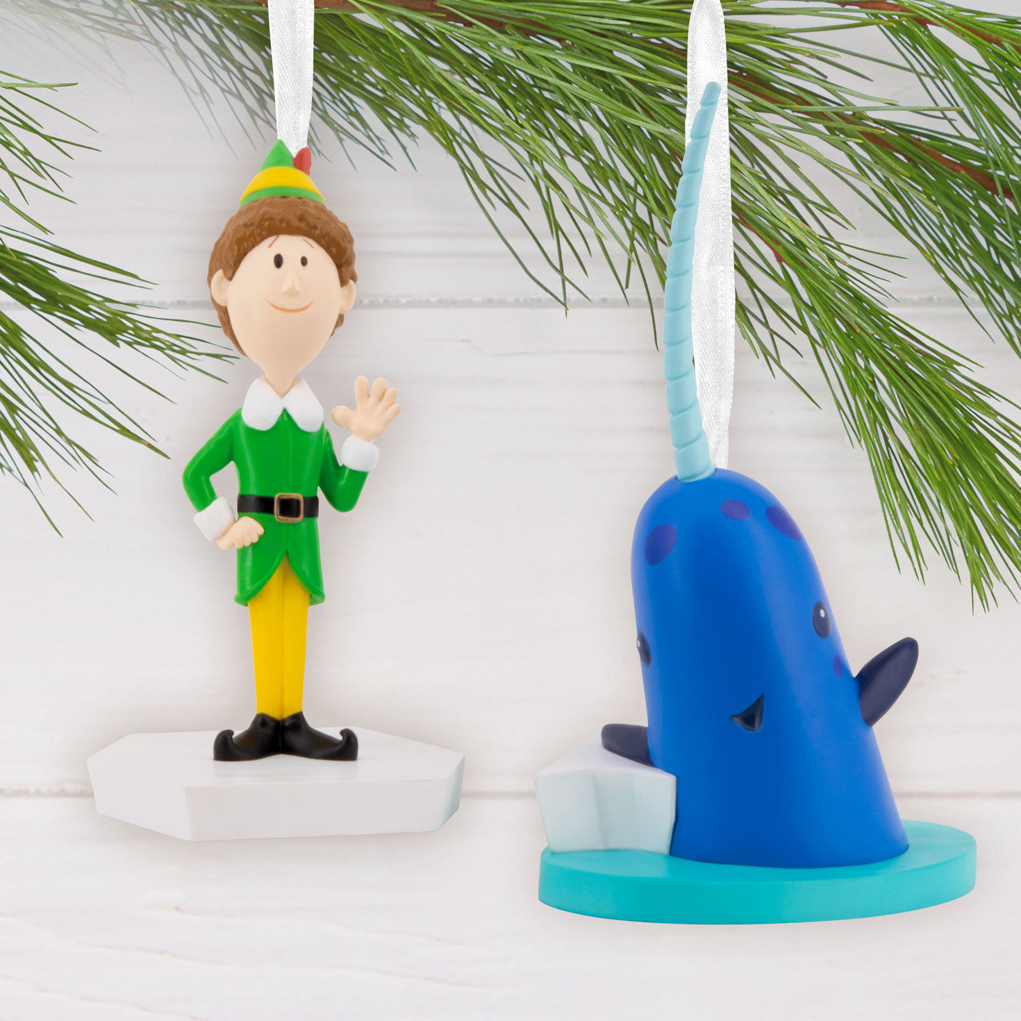 Elf Buddy the Elf and Narwhal Christmas Ornaments hanging on tree image number 5