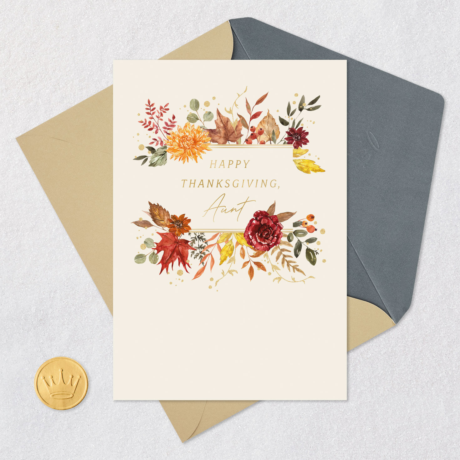 Red and Yellow Autumn Florals Thanksgiving Card for Aunt Card Front with Envelope and Gold Seal image number 5