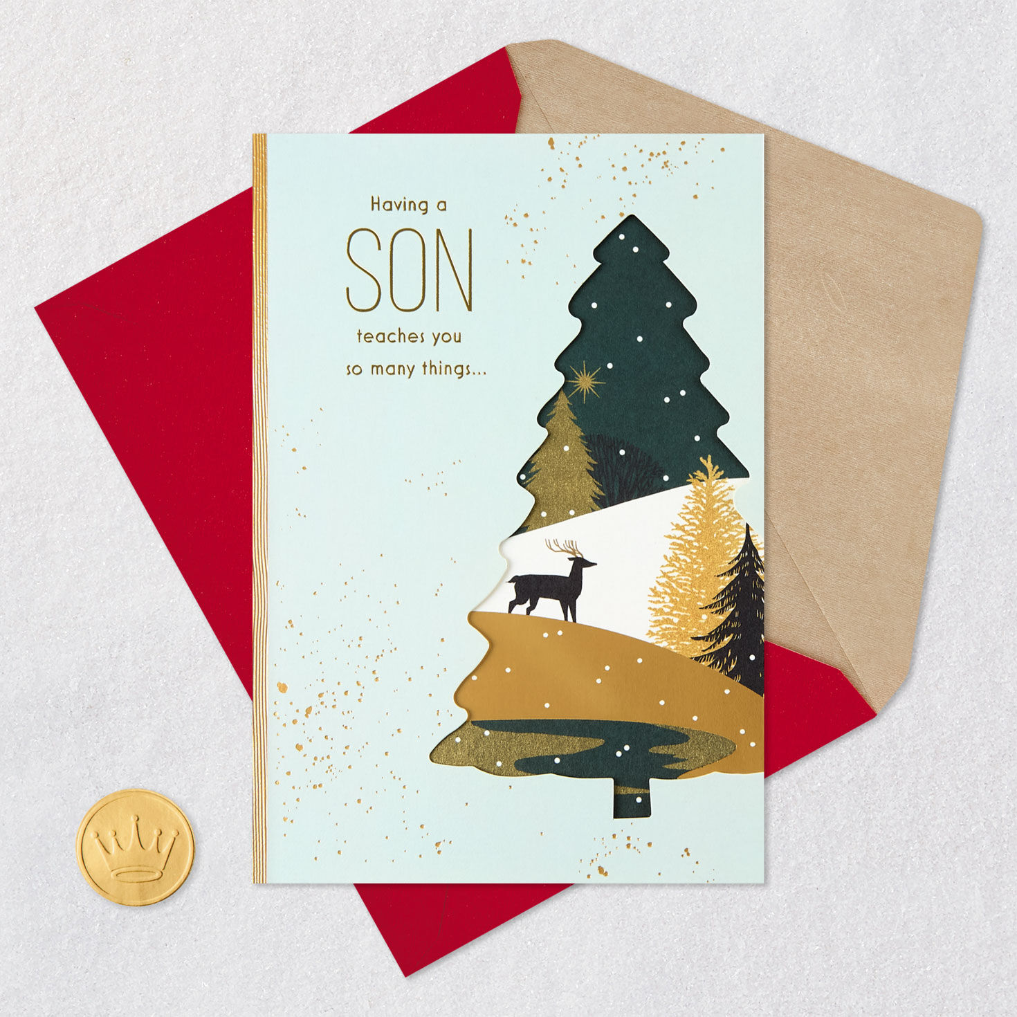 Deer in Winter Scene Son Christmas Card Card Front with Envelope and Gold Seal image number 7