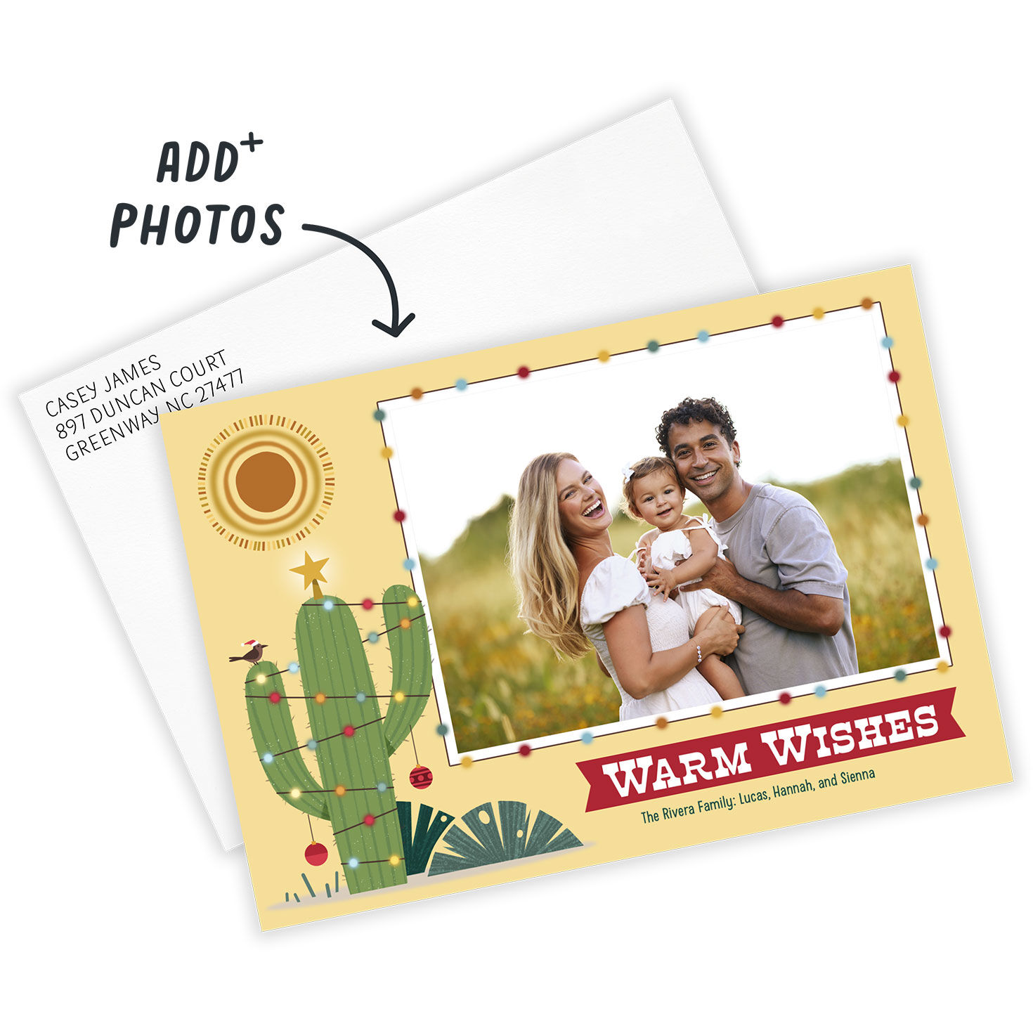 Cactus and Sun Personalized Christmas Photo Card Card Front indicating personalization image number 2