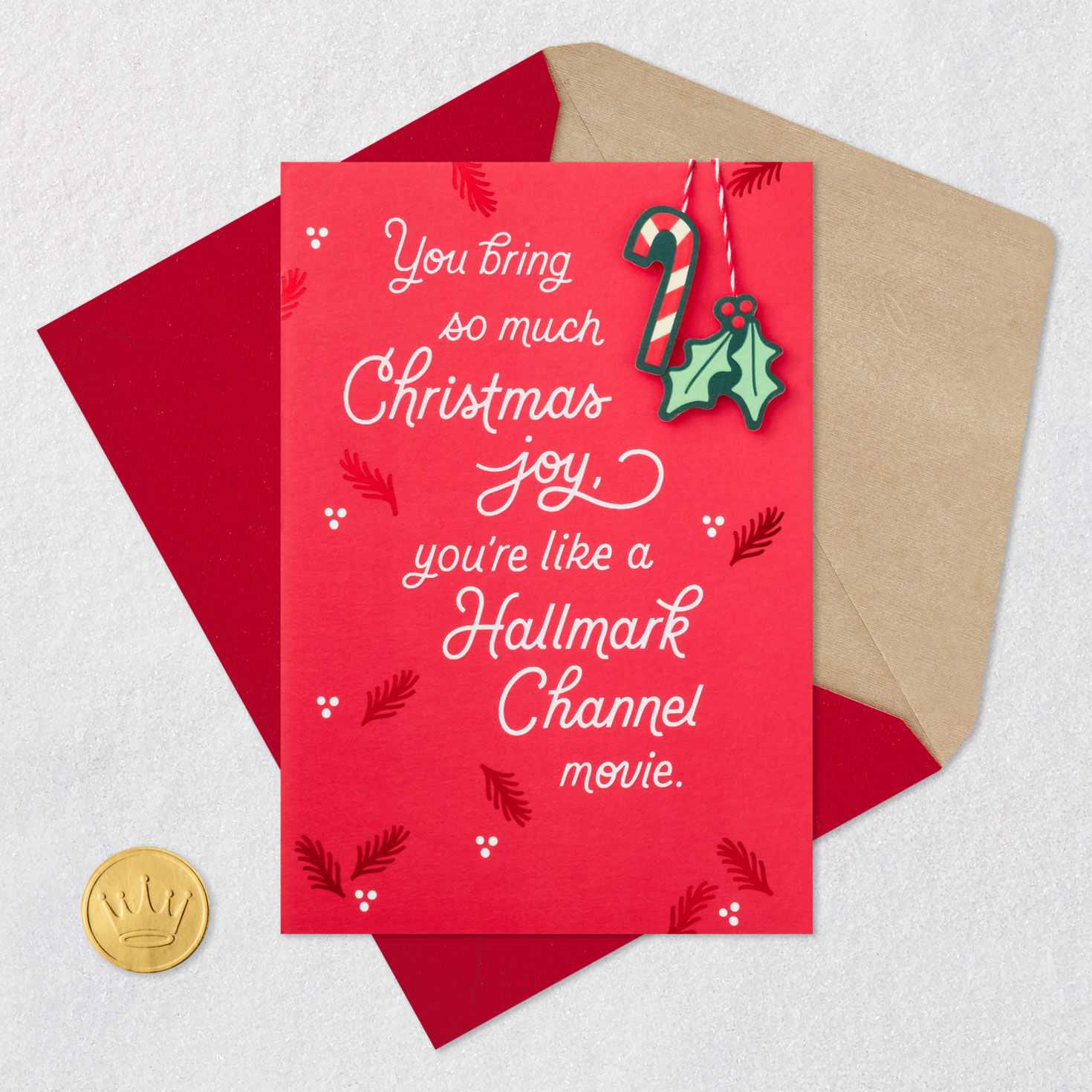 Red Candy Cane Holly Funny Christmas Card Card Front with Envelope and Gold Seal image number 5
