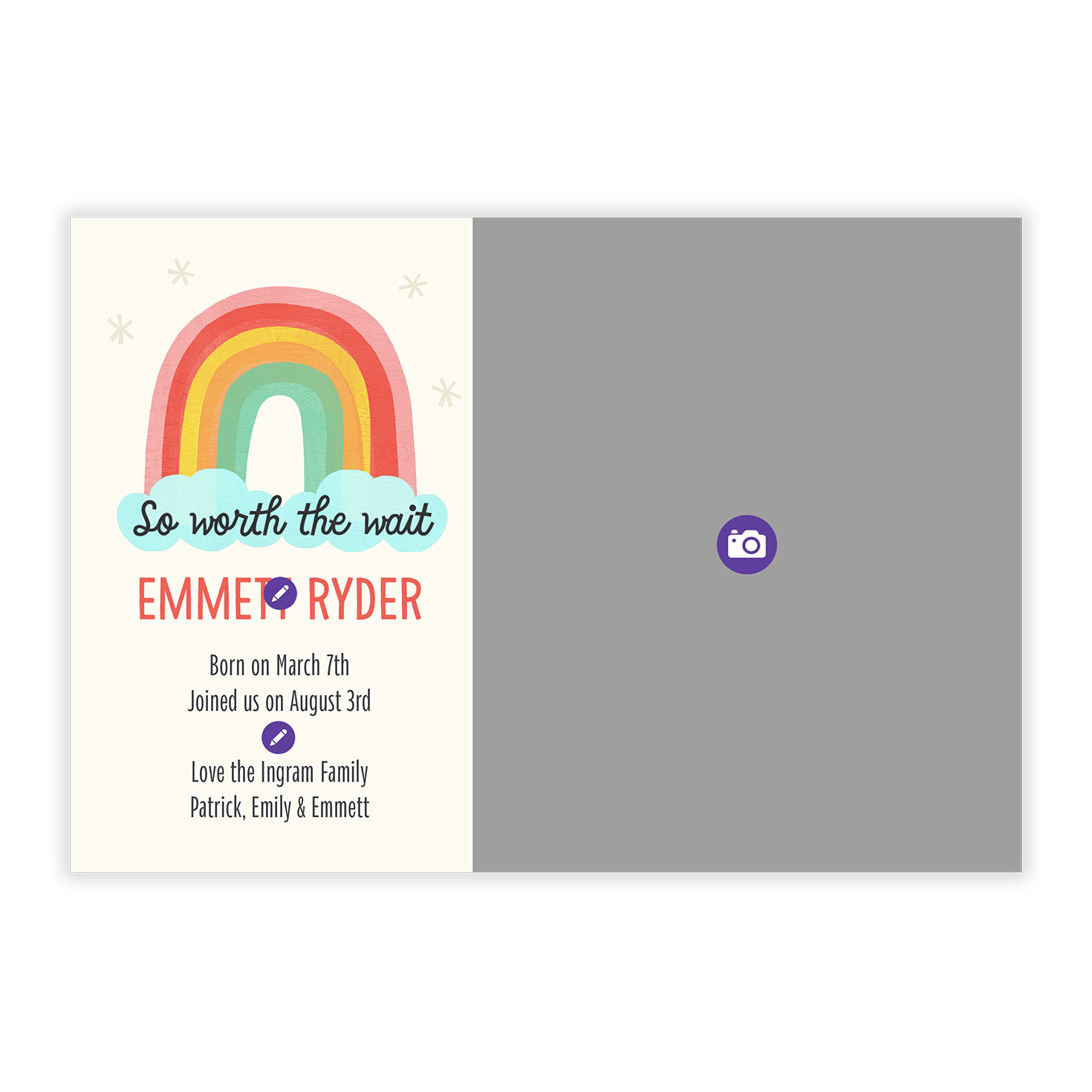 Rainbow on Cloud Personalized Baby Announcement Card Front indicating personalization image number 5