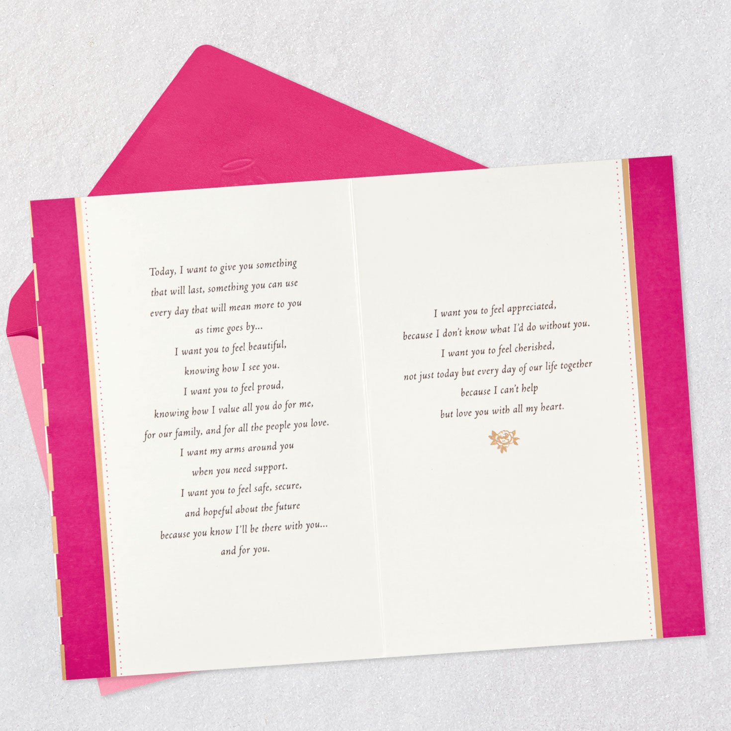 Pink Roses and Gold Stripes Romantic Mother's Day Card Open card with envelope image number 4