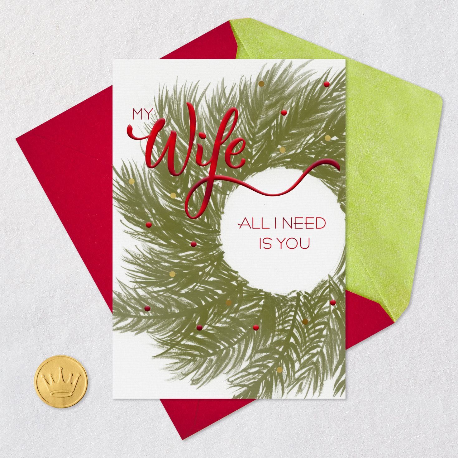 Holiday Wreath Wife Christmas Card Card Front with Envelope and Gold Seal image number 6
