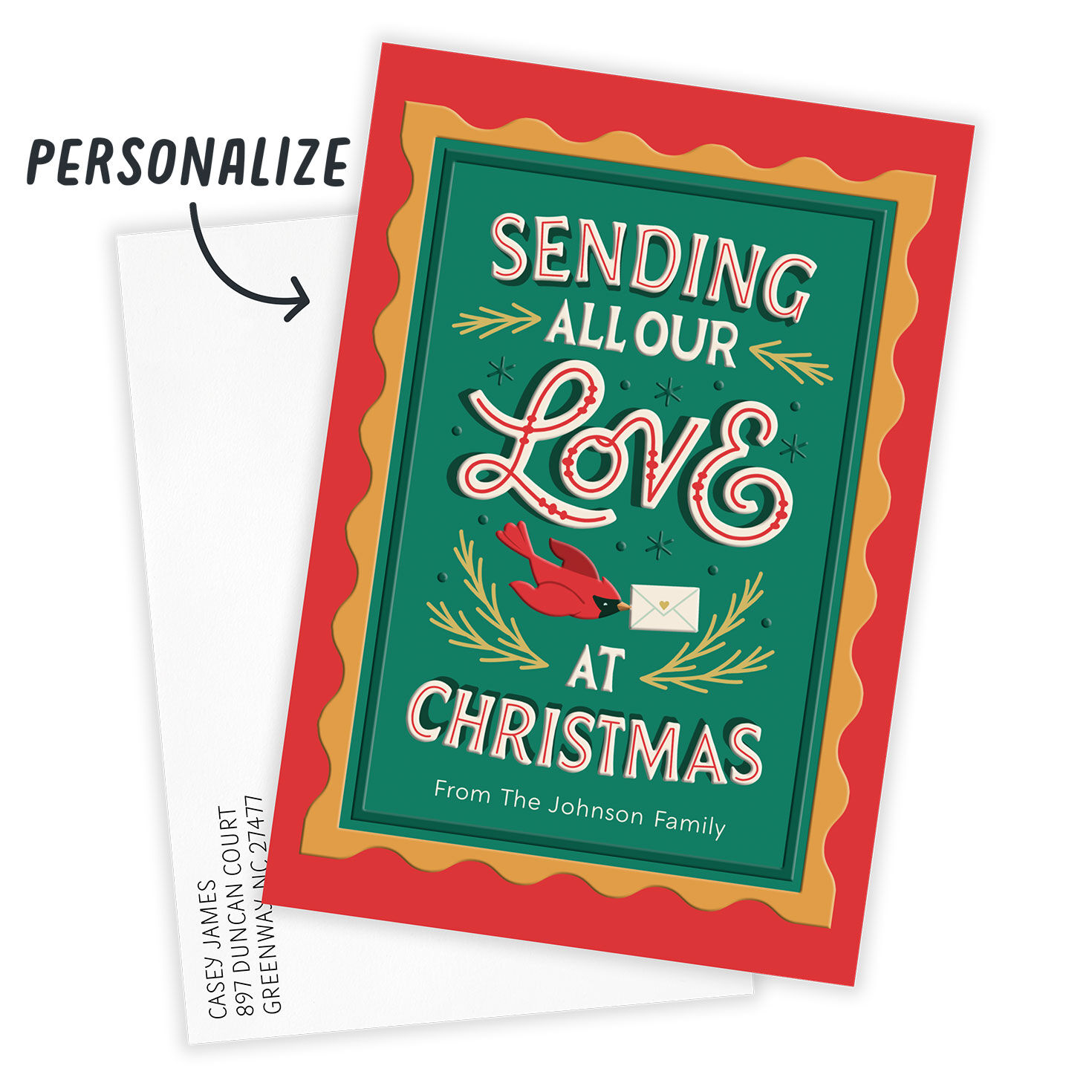 Red Bird Stamp Personalized Christmas Photo Card Card Front indicating personalization image number 2