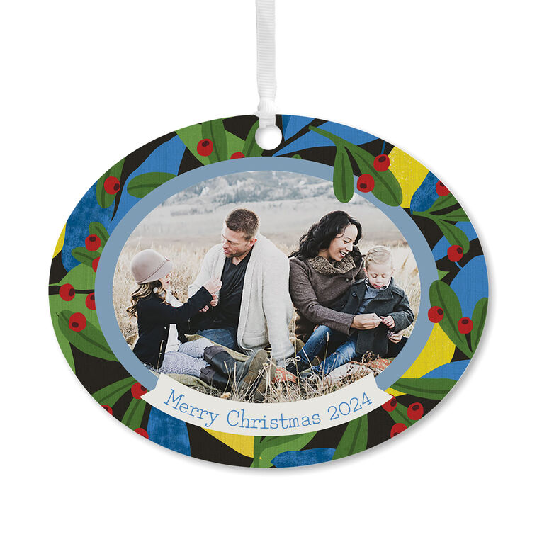 Holiday Holly Horizontal Oval Metal Personalized Ornament, Custom Photo and Text