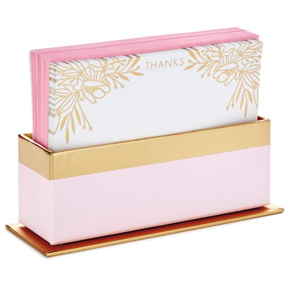 Gold Floral Blank Flat Note Cards With Caddy, Box of 40