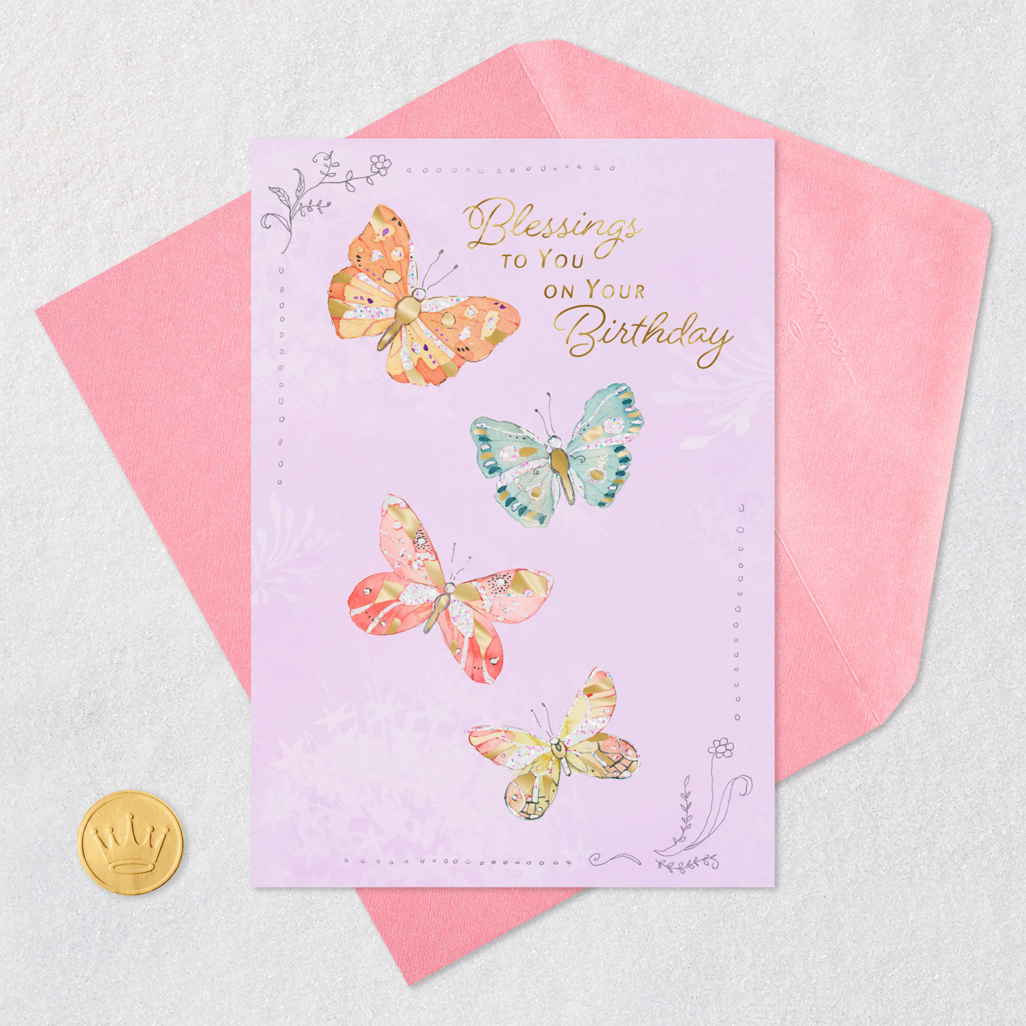 Watercolor Butterflies Birthday Card for Her Card Front with Envelope and Gold Seal image number 5