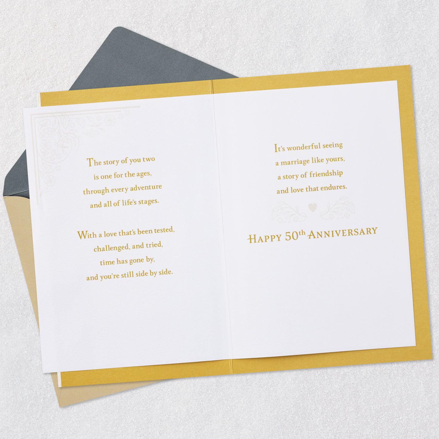 Ornate Gold Flowers and Heart with Birds 50th Anniversary Card Open card with envelope image number 4