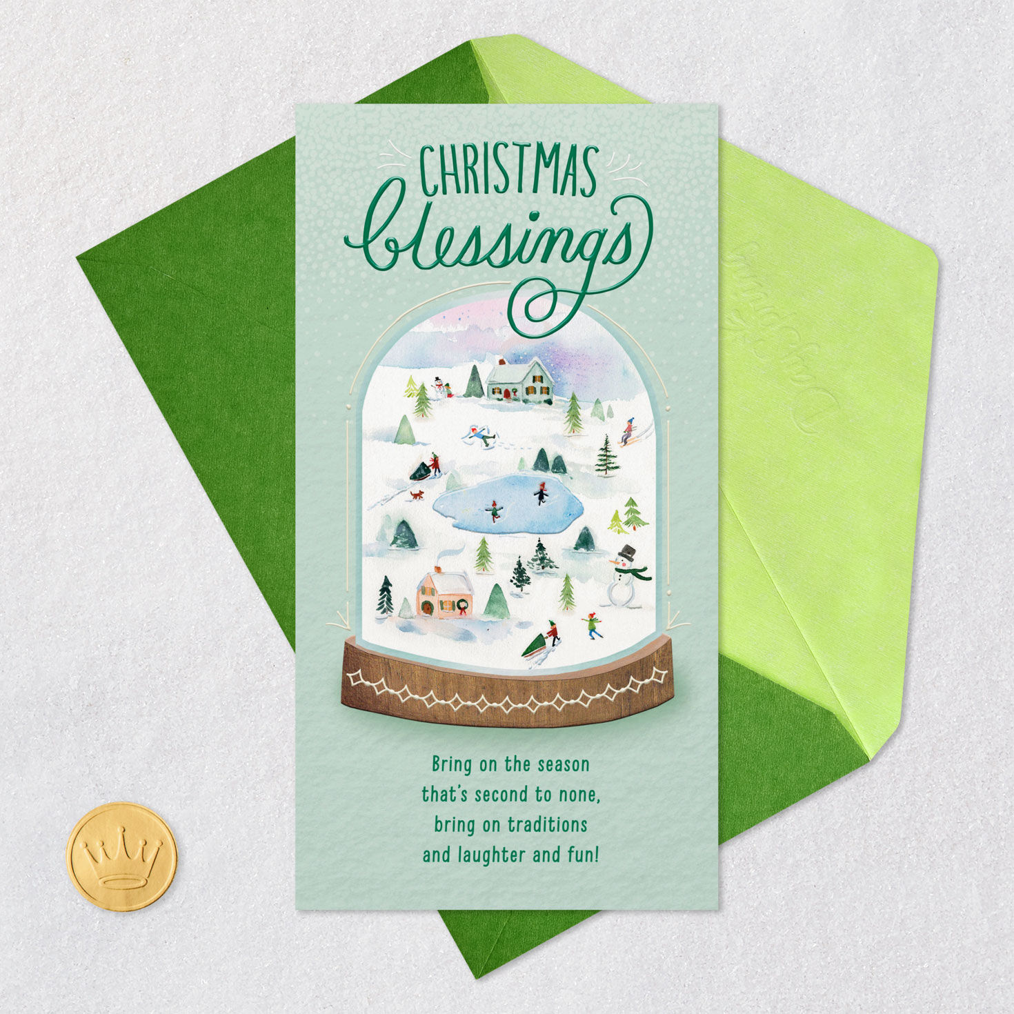Watercolor Snow Globe Religious Christmas Card Card Front with Envelope and Gold Seal image number 6
