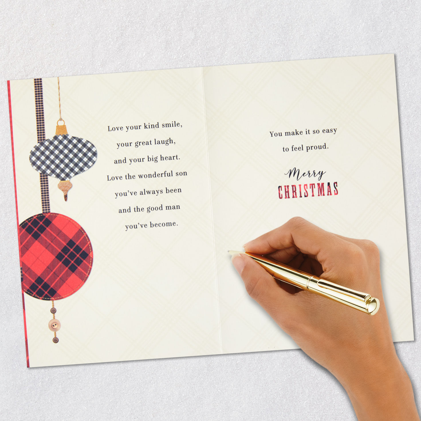 Gold Deer Head and Plaid Christmas Card for Son Signing card image number 7