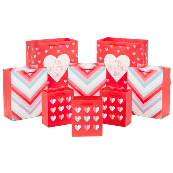 Hearts and Stripes 8-Pack Valentine's Day Gift Bags, Assorted Sizes and Designs