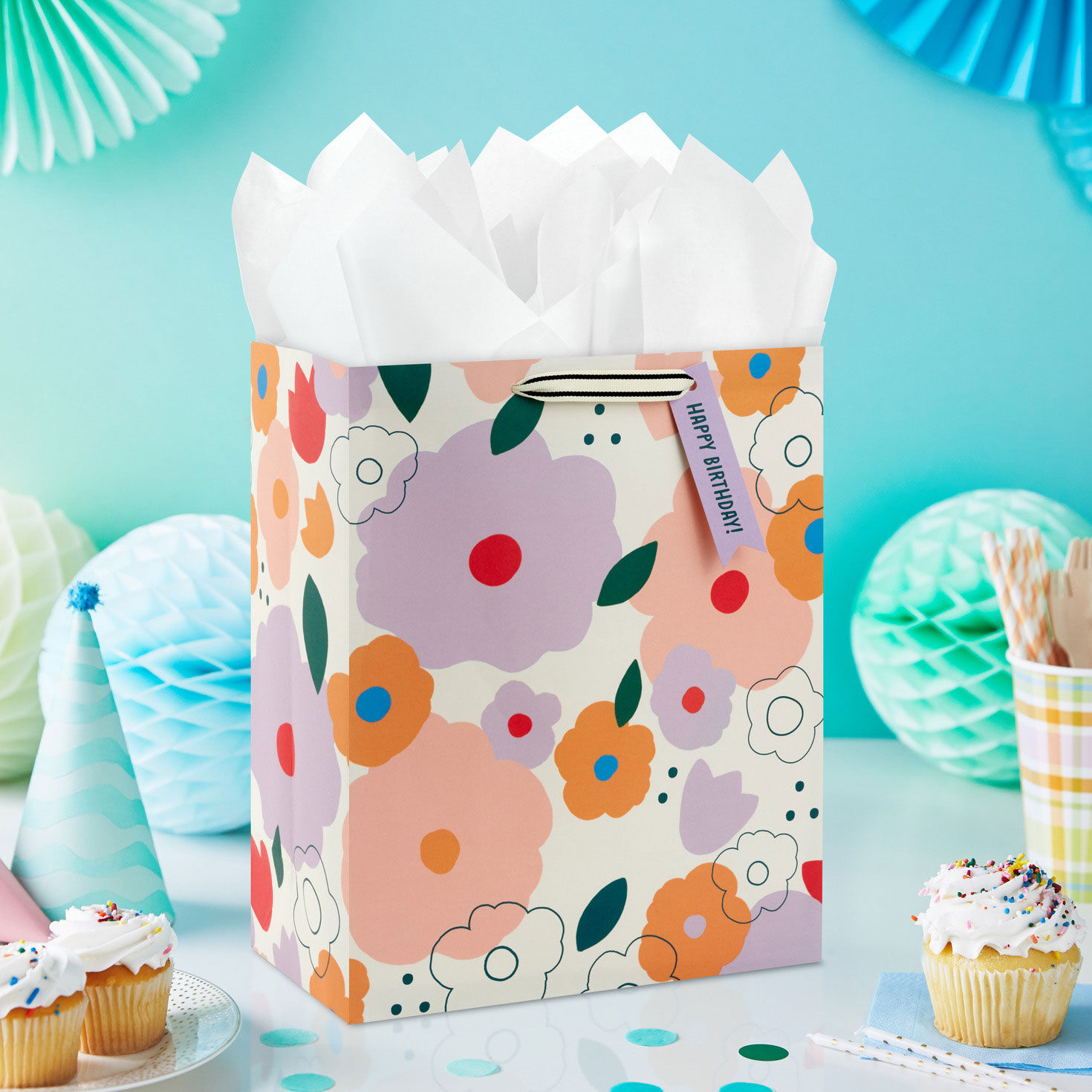 Retro Purple and Peach Blooms Large Gift Bag In use image number 2