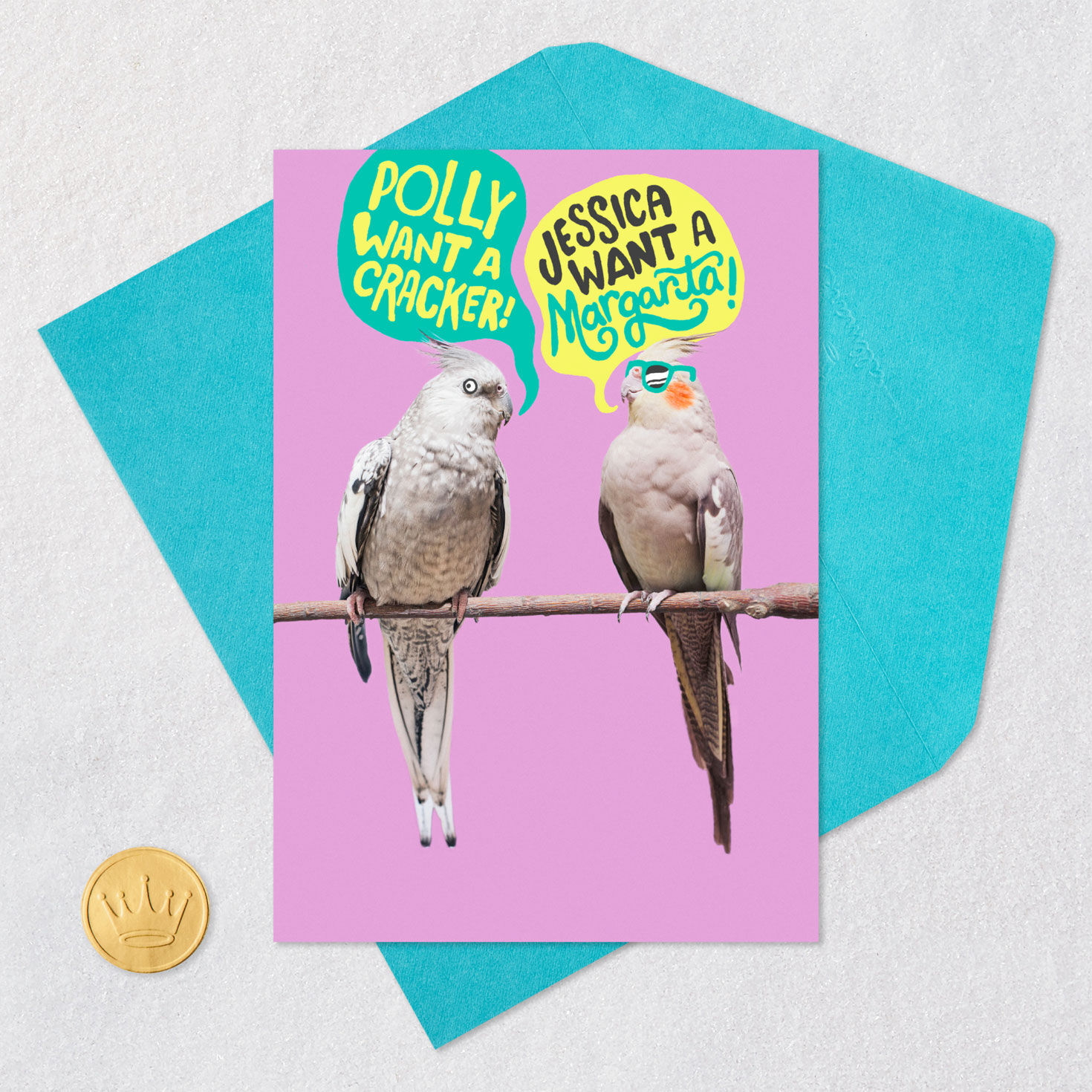 Parrots on Pink Funny Birthday Card Card front with envelope and gold seal image number 5