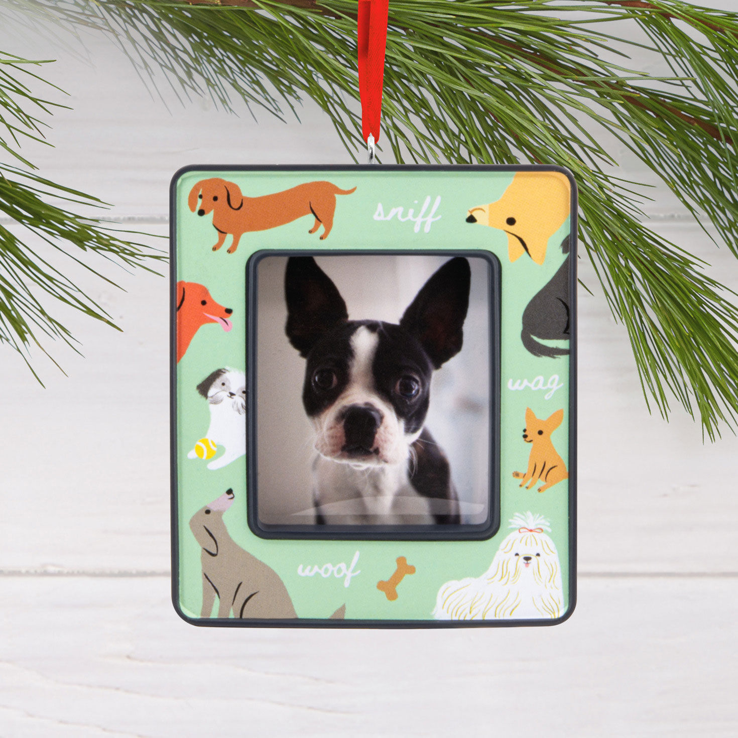 Dogs on Green Photo Frame Christmas Ornament hanging on tree image number 2