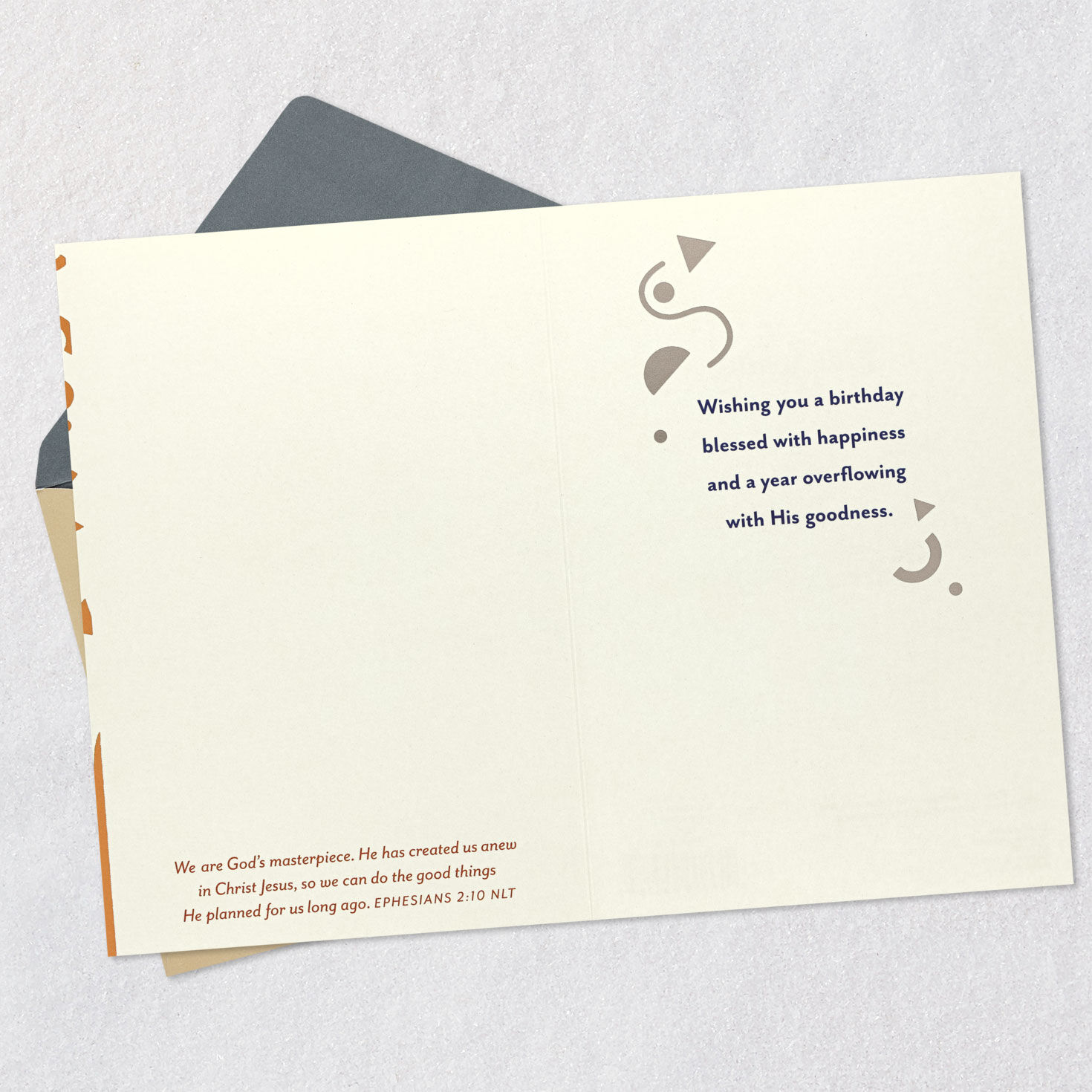 Navy and Copper Confetti Religious Birthday Card Open card with envelope image number 4