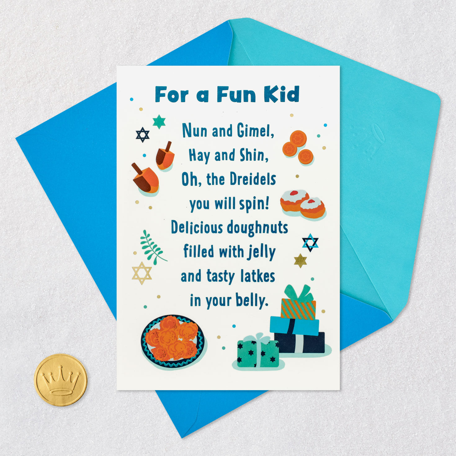 Dreidels and Donuts Poem Hanukkah Card for Kid Card Front with Envelope and Gold Seal image number 6