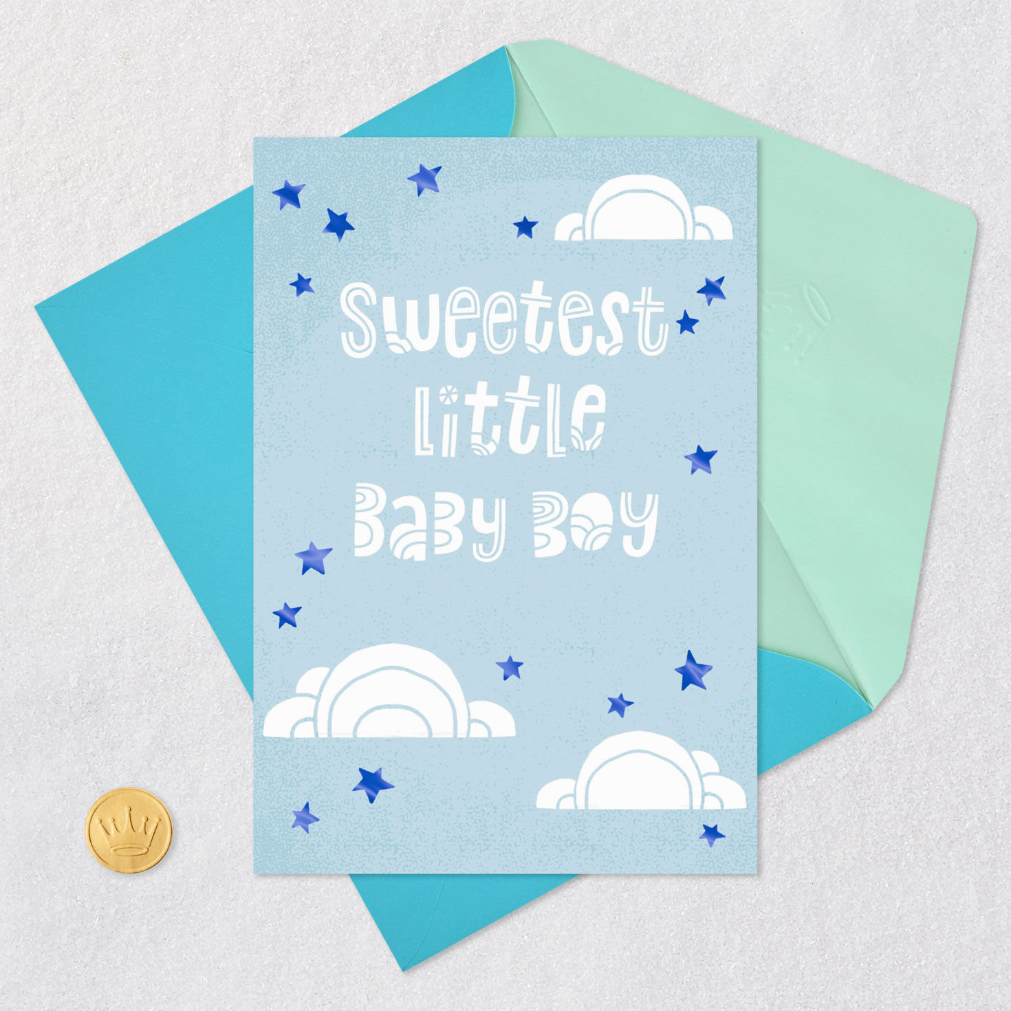 Mazel Tov Clouds and Stars New Baby Boy Card Card Front with Envelope and Gold Seal image number 5