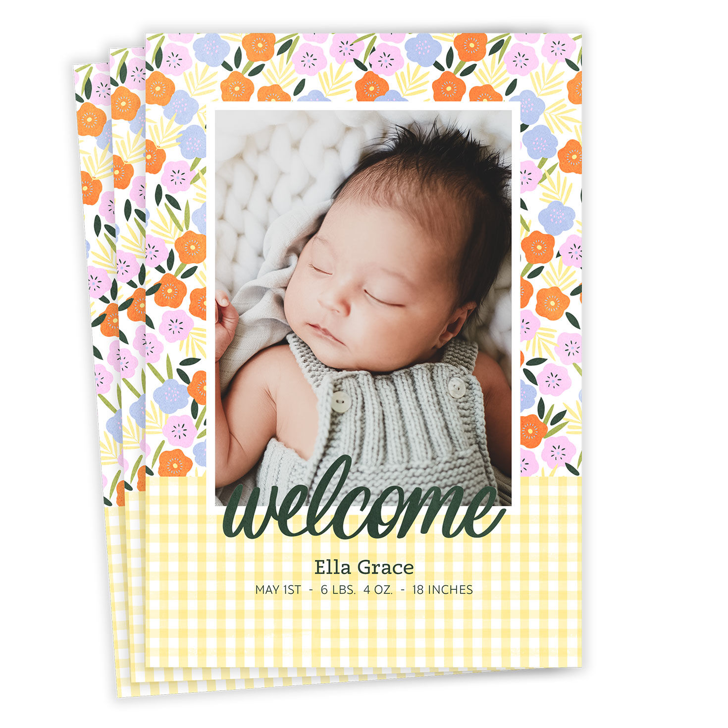 Gingham Blossoms Flat Birth Announcement