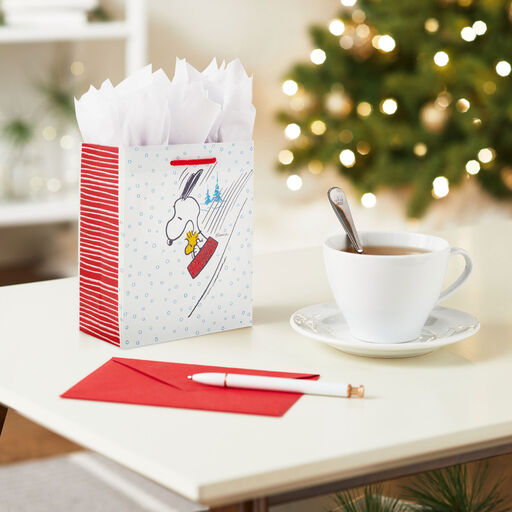 6.5" Peanuts® Snoopy and Woodstock Sledding Small Christmas Gift Bag, 