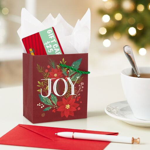 4.6" Joy With Poinsettias Christmas Gift Card Holder Mini Bag, 