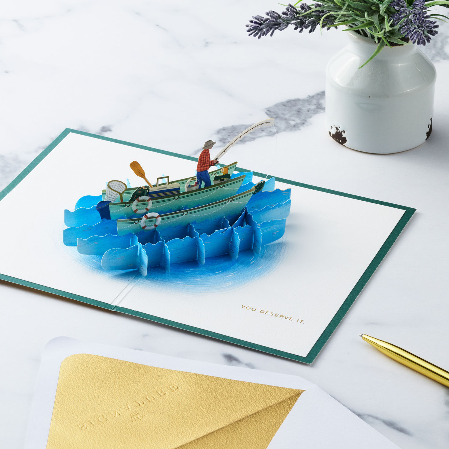Fishing Boat Pop-Up Father's Day Card open card with envelope and gold pen image number 8