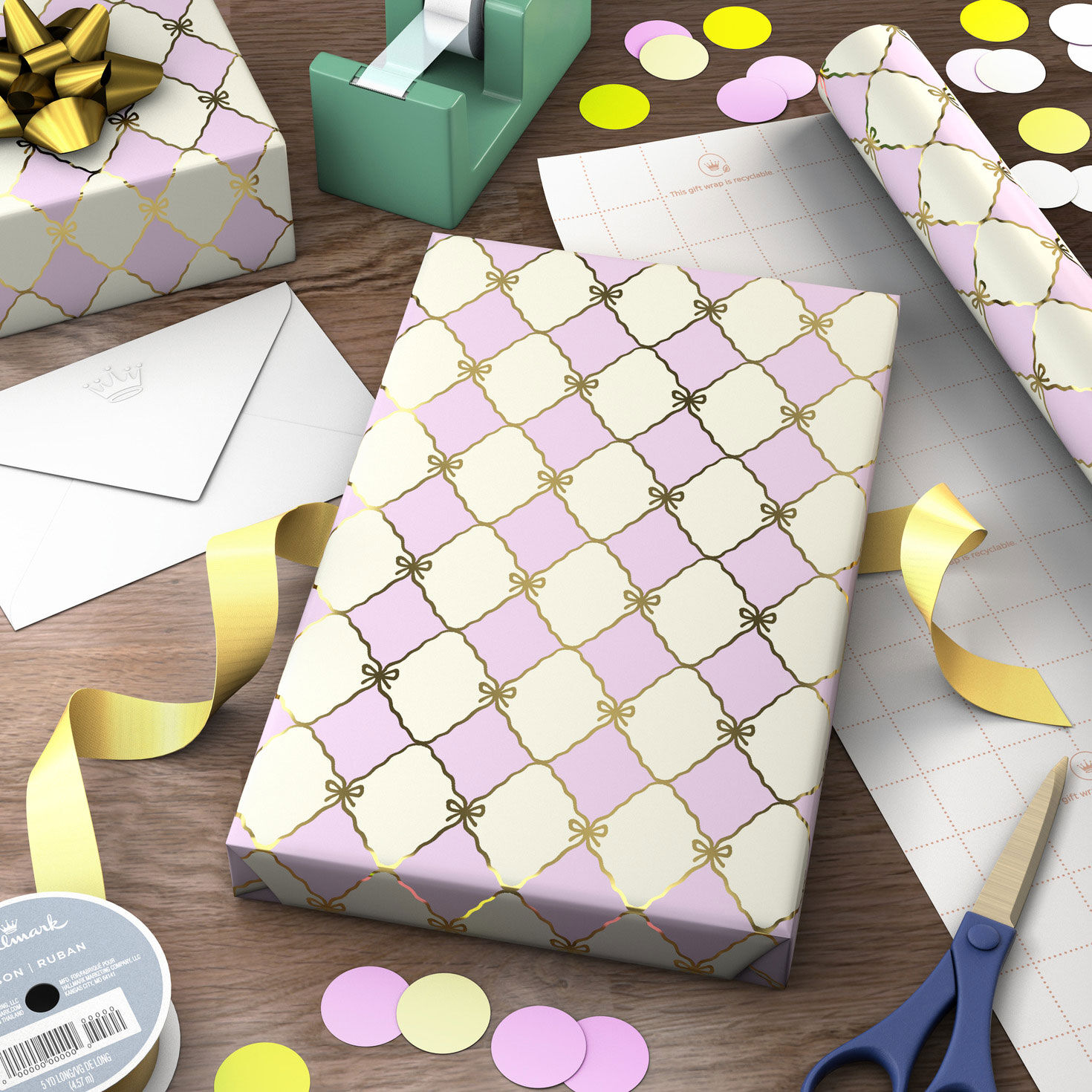 Gold Bow Lattice on Pink and Cream Gift Wrap Roll Wrapped package image number 3