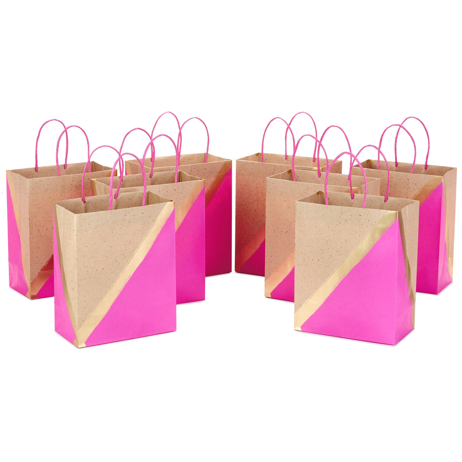 9.6" Hot Pink and Kraft Paper 8-Pack Medium Gift Bag Bundle