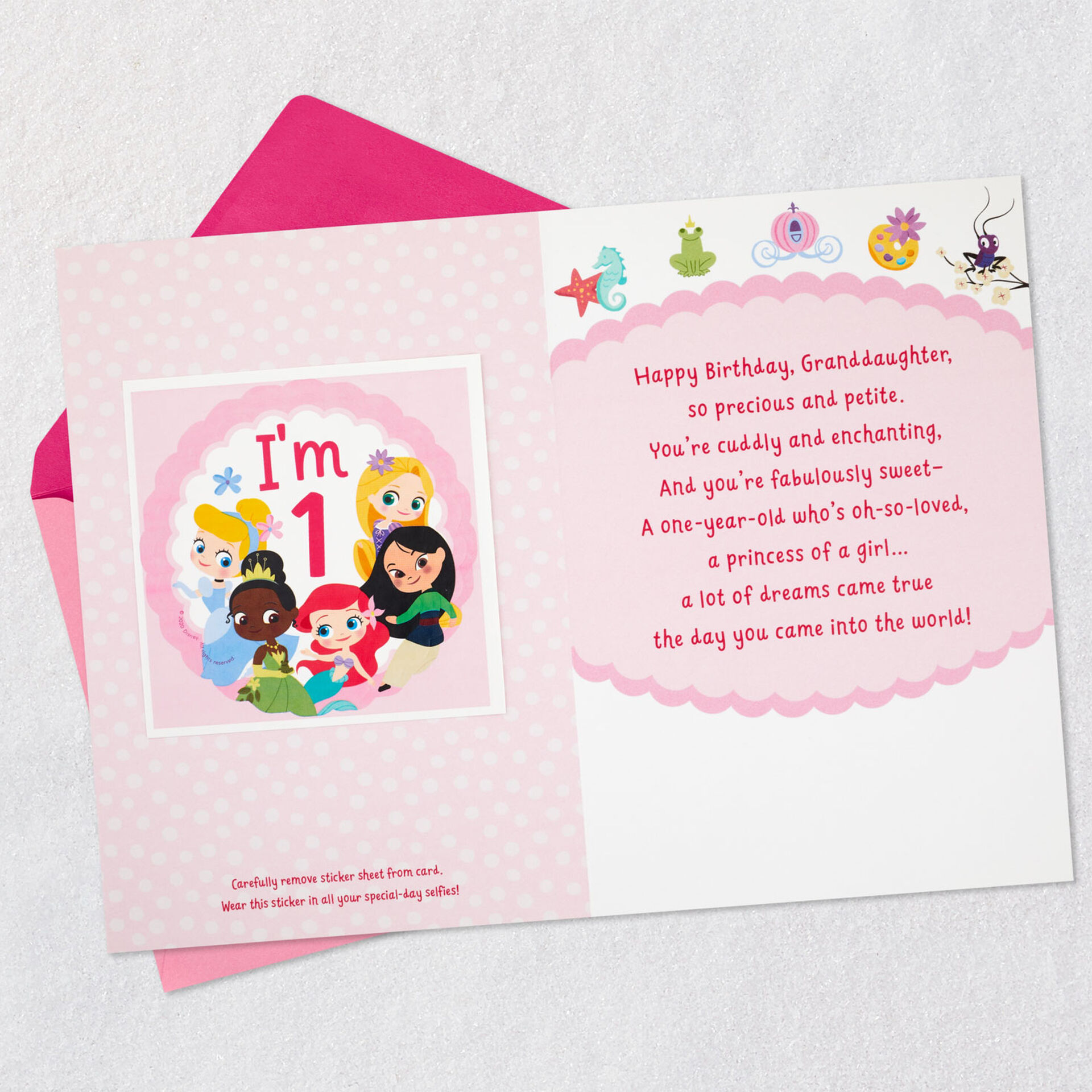 Disney Princess 1st Birthday Card for Granddaughter With Sticker