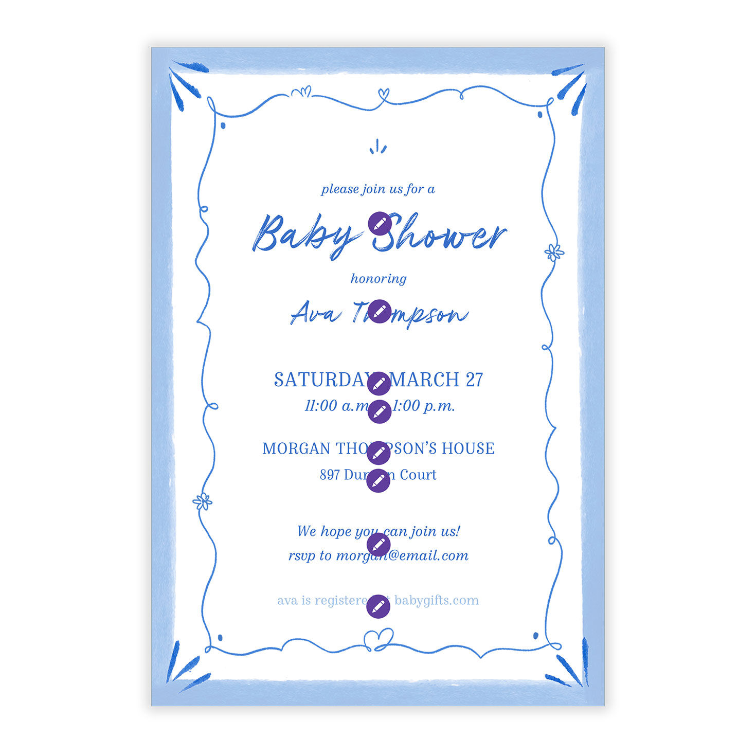 Blue Line Border Personalized Baby Shower Invite Card Front indicating personalization image number 5