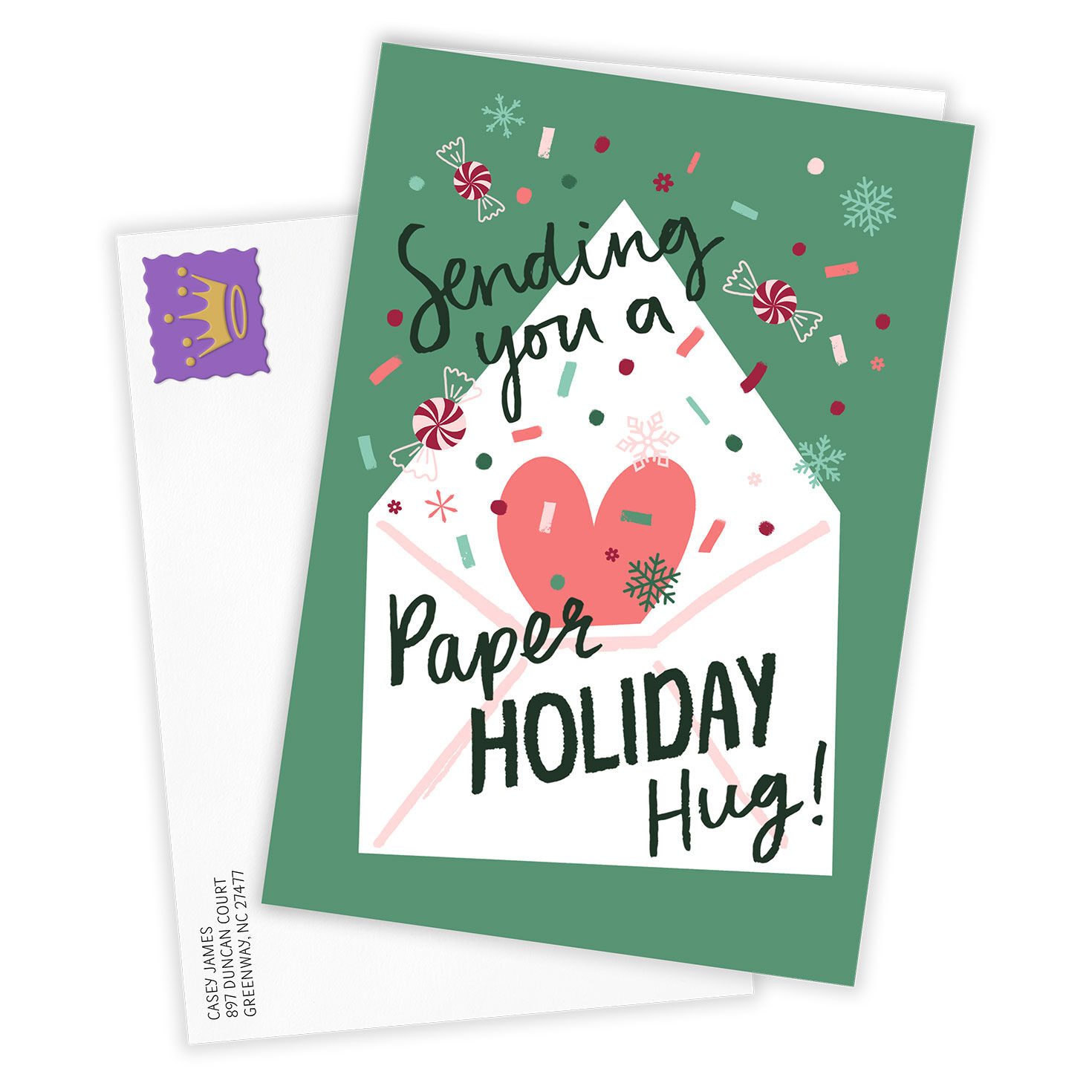 Green Red Paper Hug Personalized Holiday Card Card  front with Envelope  image number 2