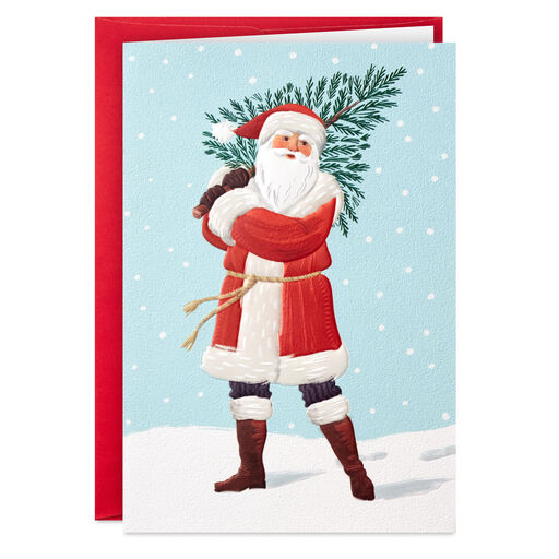 Santa Carrying Fir Tree Packaged Christmas Cards, Set of 5, 
