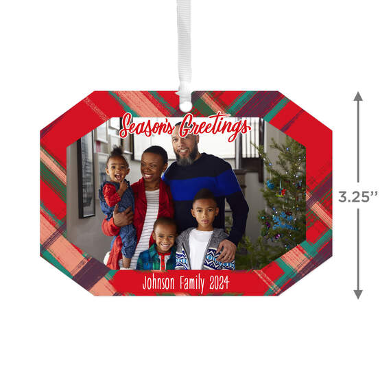 Red Plaid Personalized Text and Photo Metal Ornament, , large image number 3