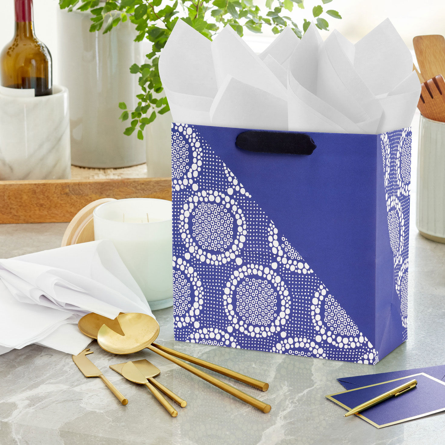 Vintage Lace on Blue Large Gift Bag In use image number 2