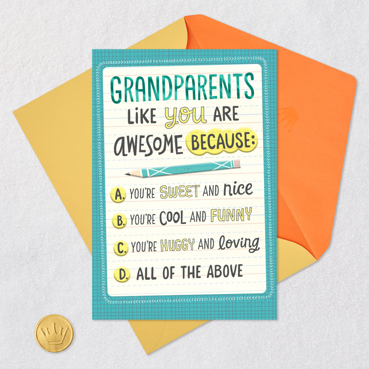 Teal Notebook Paper Quiz Grandparents Day Card Card Front with Envelope and Gold Seal image number 5