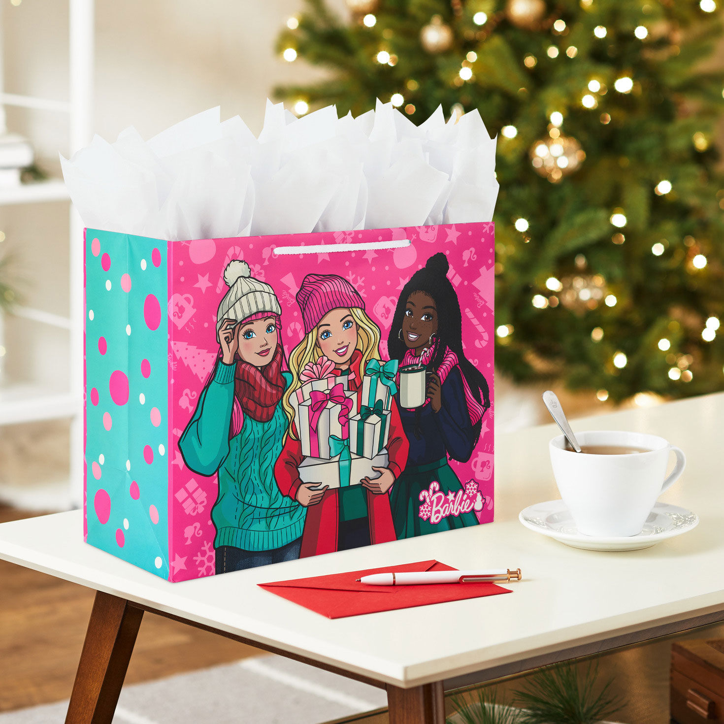 Barbie and Friends Hot Pink Large Holiday Gift Bag In Use image number 2