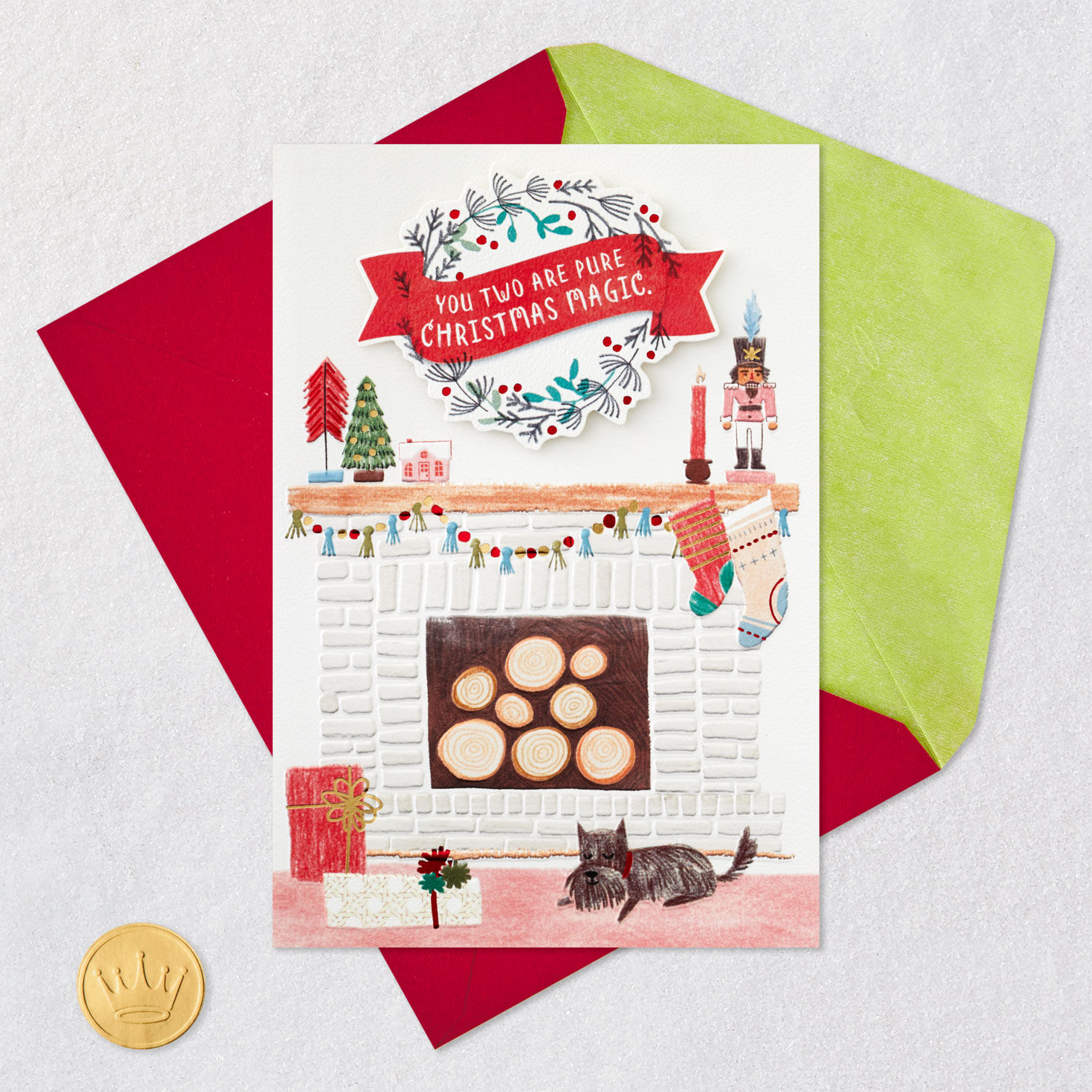 Holiday Mantel Christmas Card for Son and Romantic Partner Card Front with Envelope and Gold Seal image number 5