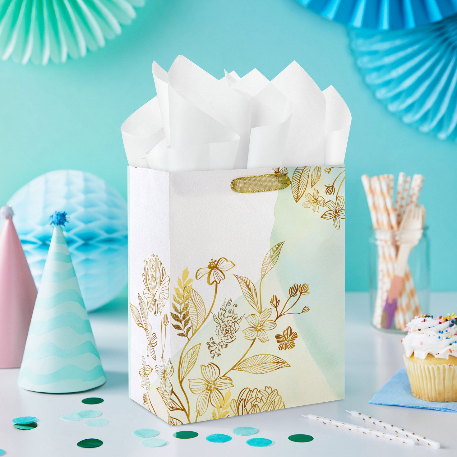 Gold Floral on Green Watercolor Medium Gift Bag in use image number 2
