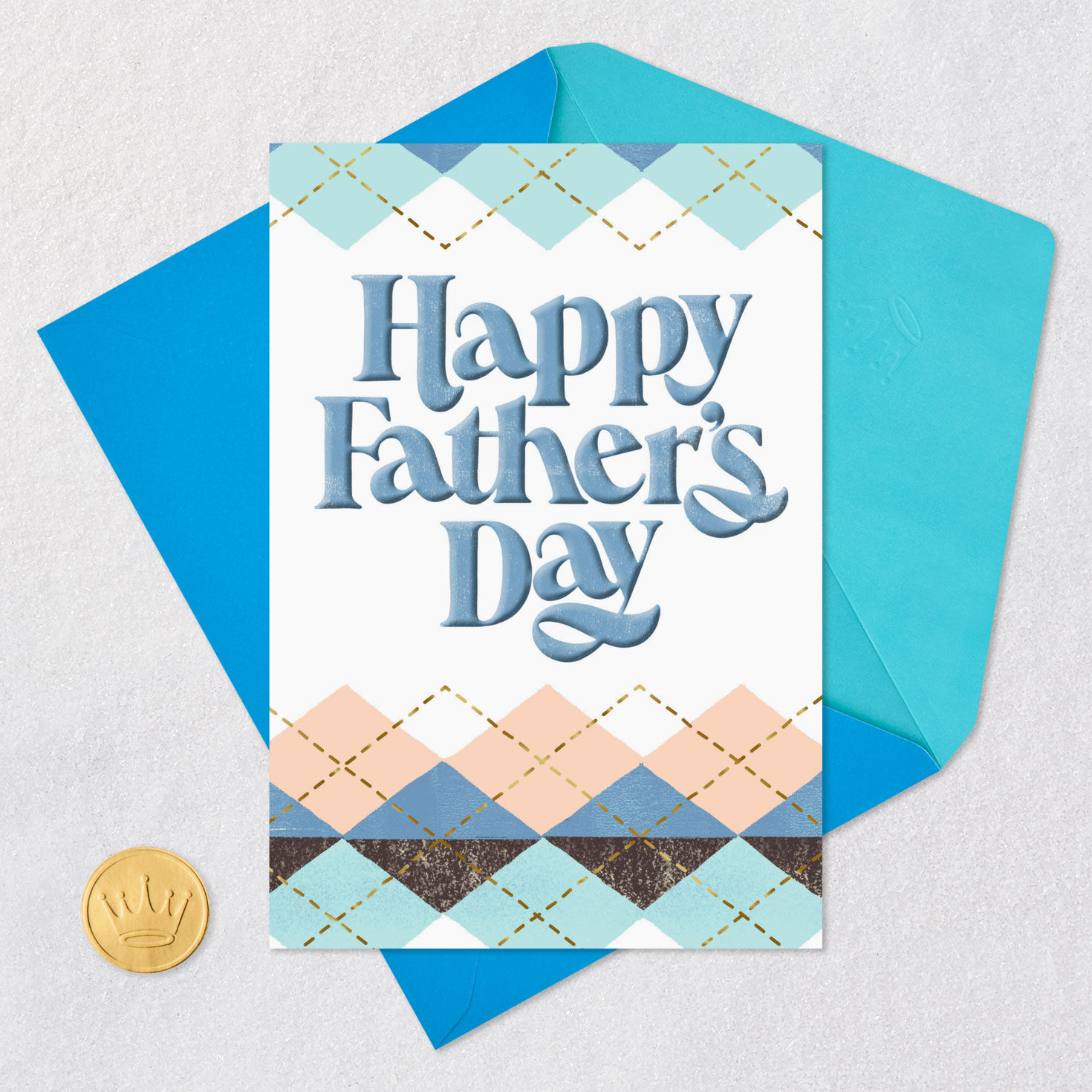 Blue, Black and Peach Argyle Father's Day Card Card Front with Envelope and Gold Seal image number 5